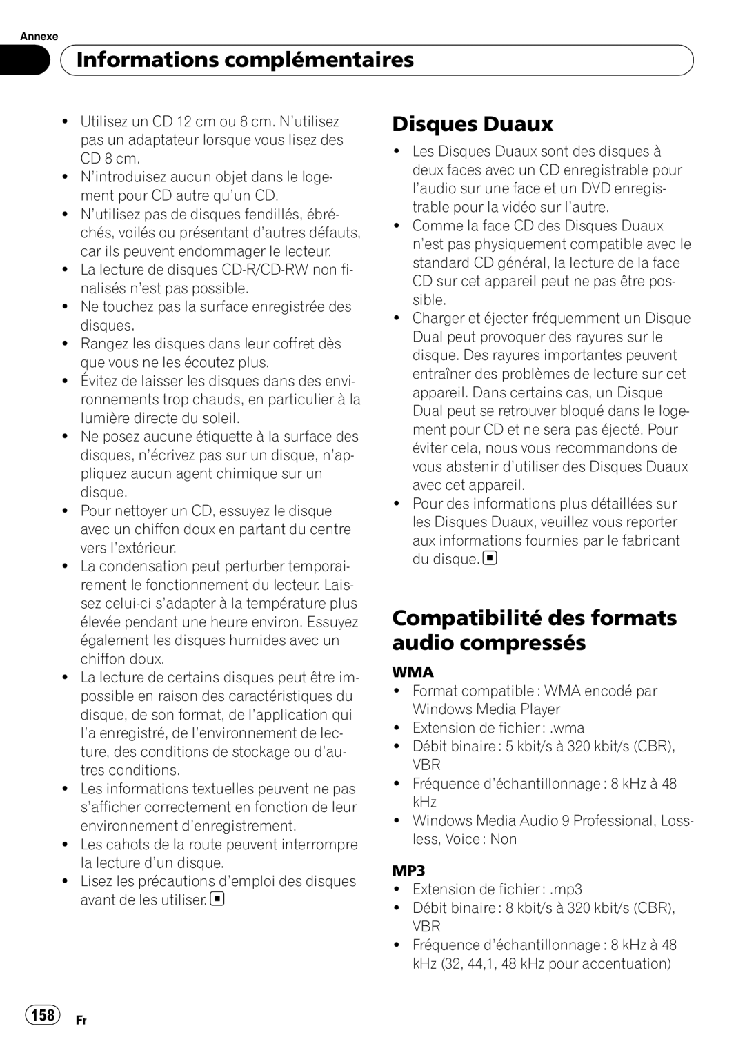 Pioneer DEH-P7100BT operation manual Disques Duaux, Compatibilité des formats audio compressés, 158 Fr, Vbr 