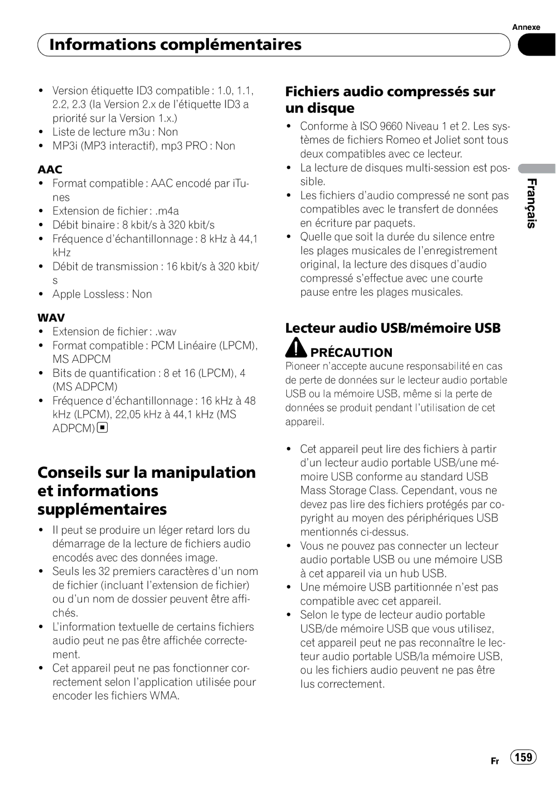 Pioneer DEH-P7100BT operation manual Fichiers audio compressés sur un disque, Lecteur audio USB/mémoire USB 