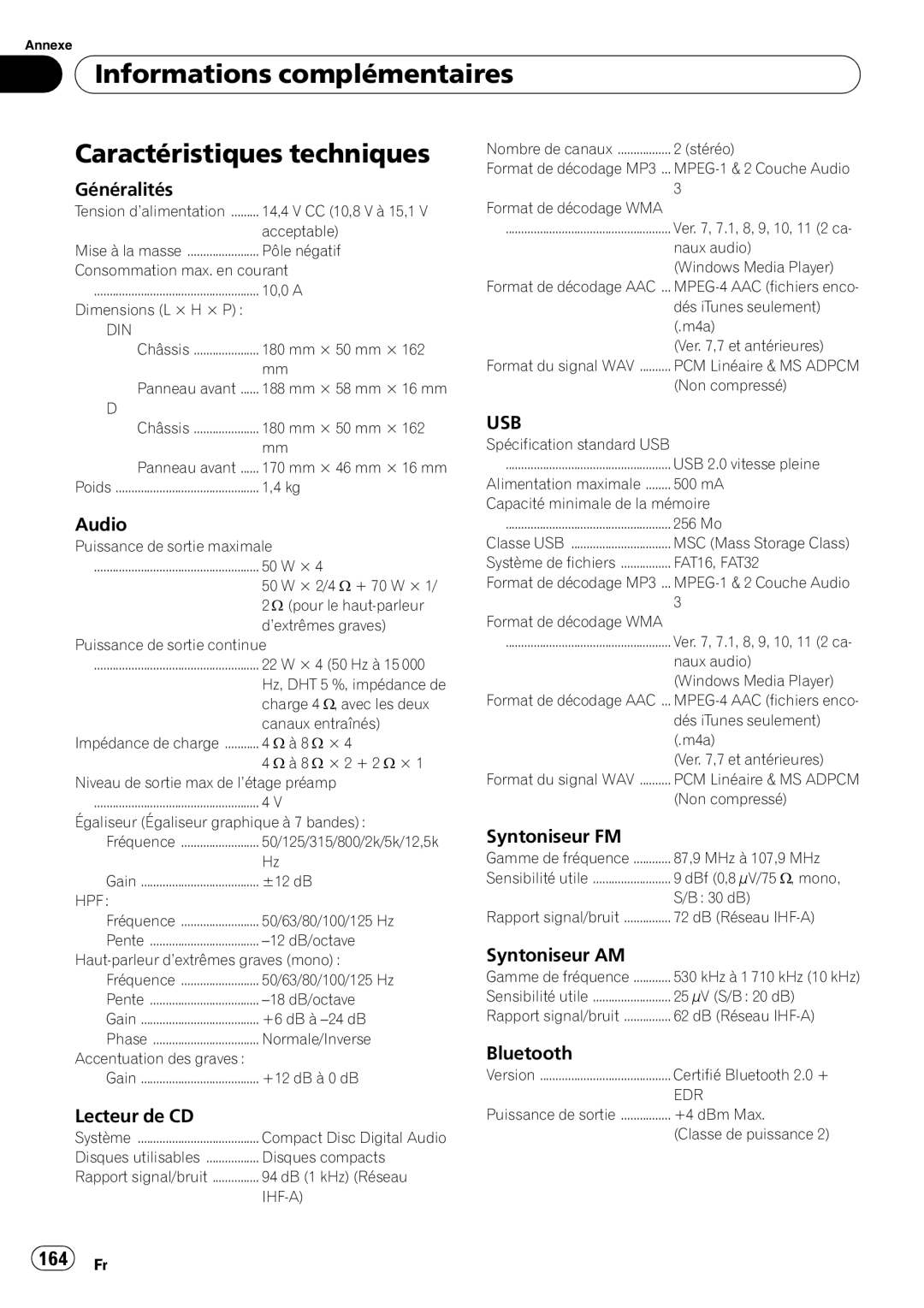 Pioneer DEH-P7100BT operation manual Informations complémentaires Caractéristiques techniques, 164 Fr 