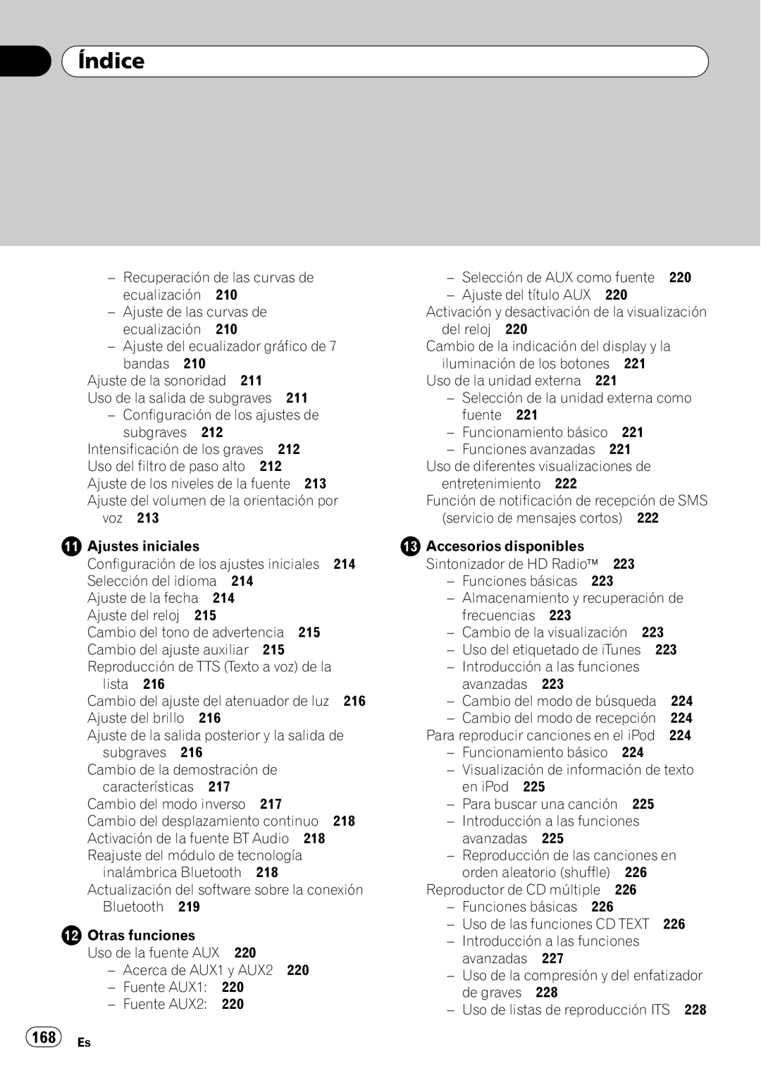 Pioneer DEH-P7100BT operation manual 168 Es, Selección del idioma Ajuste de la fecha Ajuste del reloj, Lista 216, 223, 226 