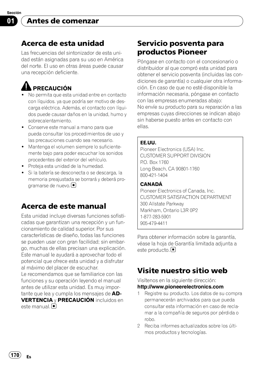 Pioneer DEH-P7100BT operation manual Productos Pioneer, Acerca de este manual, Visite nuestro sitio web, 170 Es 