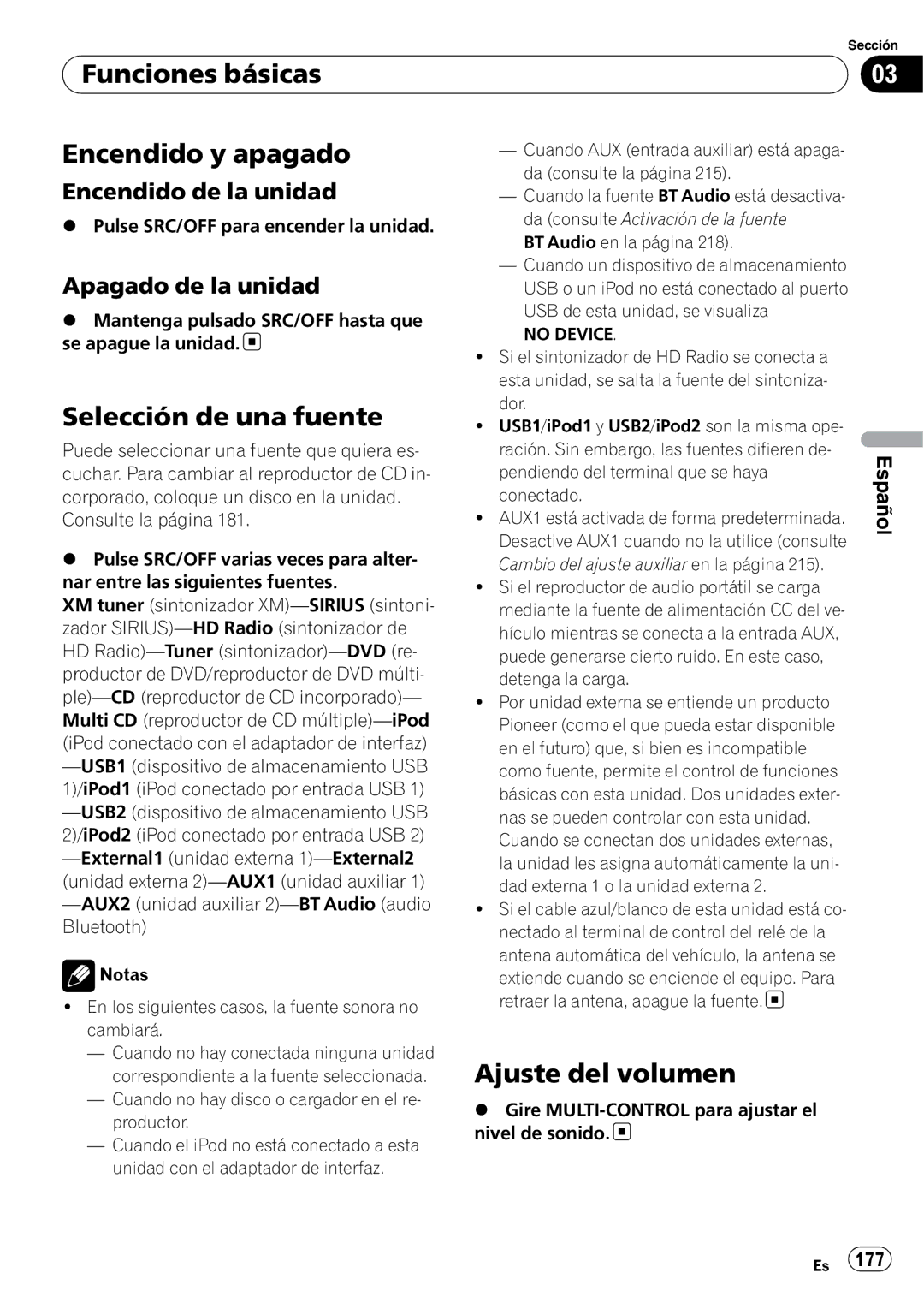 Pioneer DEH-P7100BT operation manual Funciones básicas Encendido y apagado, Selección de una fuente, Ajuste del volumen 