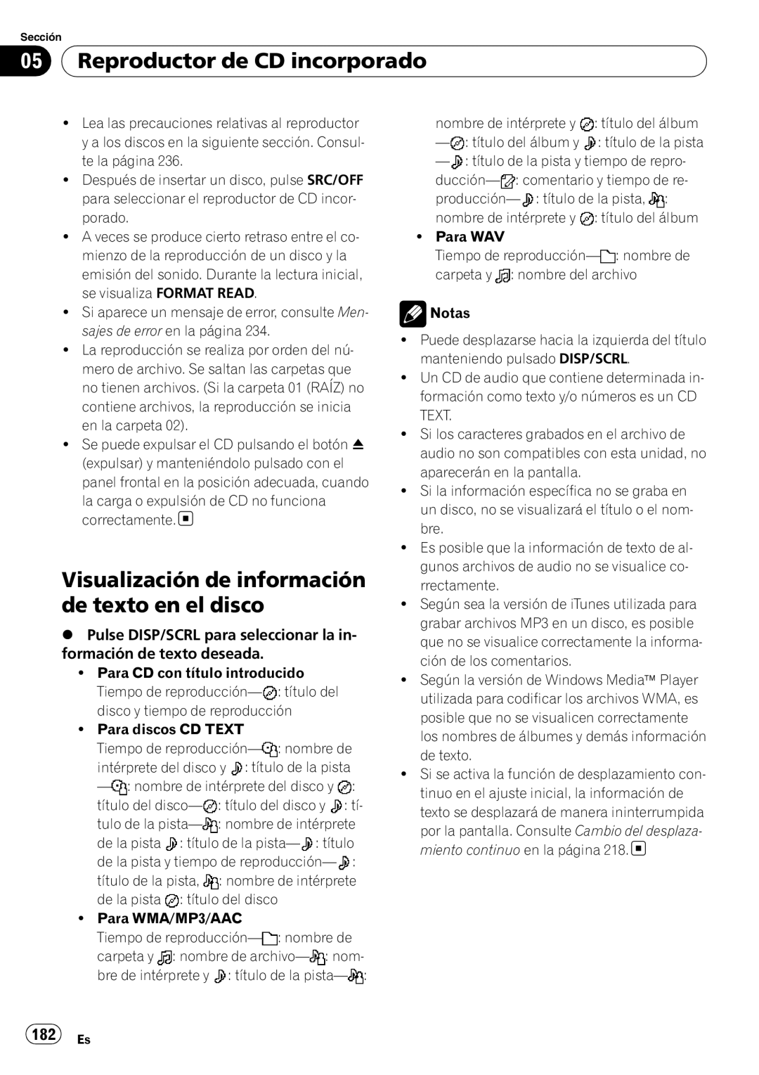 Pioneer DEH-P7100BT Reproductor de CD incorporado, Visualización de información de texto en el disco, 182 Es 