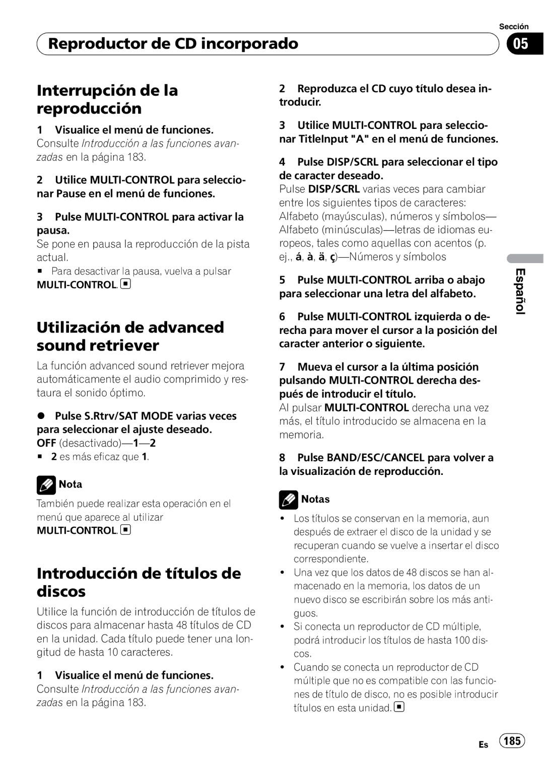 Pioneer DEH-P7100BT operation manual Utilización de advanced sound retriever, Introducción de títulos de discos 