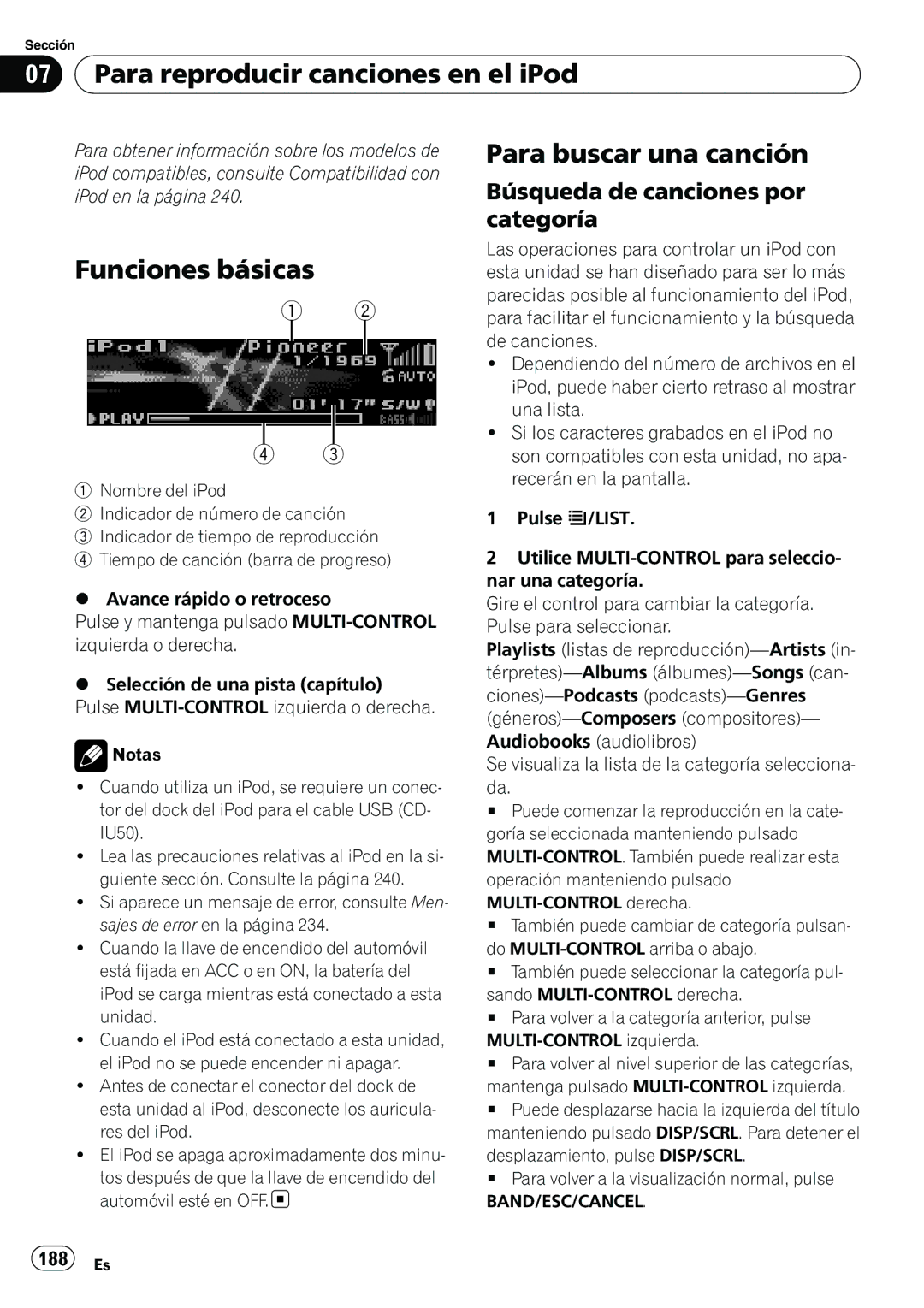 Pioneer DEH-P7100BT Para reproducir canciones en el iPod, Para buscar una canción, Búsqueda de canciones por categoría 