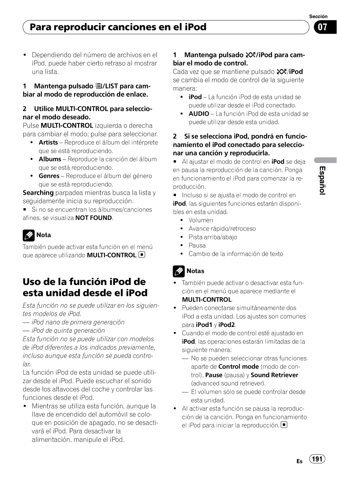 Pioneer DEH-P7100BT operation manual Uso de la función iPod de esta unidad desde el iPod, 191 