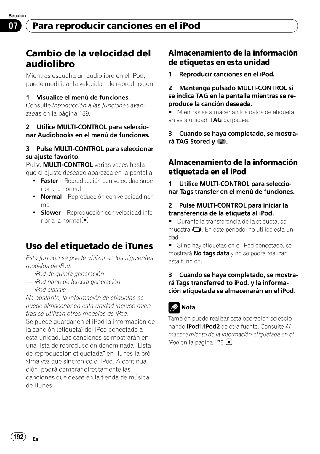 Pioneer DEH-P7100BT operation manual Uso del etiquetado de iTunes, 192 Es 