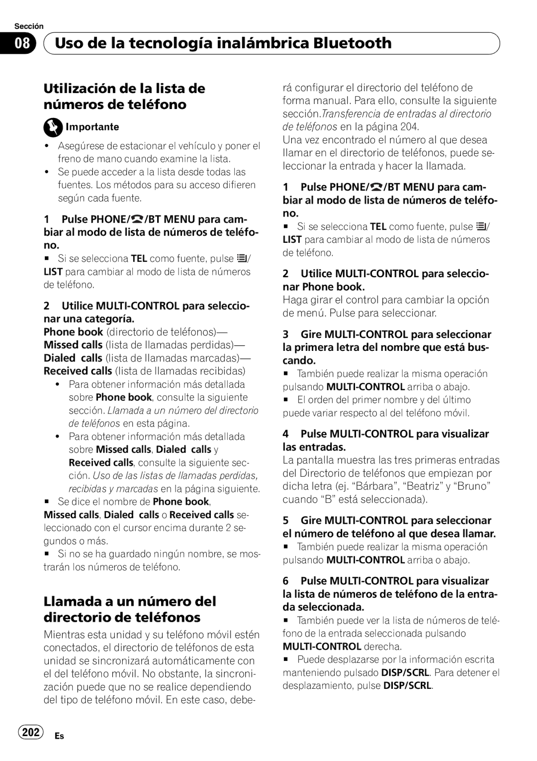 Pioneer DEH-P7100BT Utilización de la lista de números de teléfono, Llamada a un número del directorio de teléfonos 