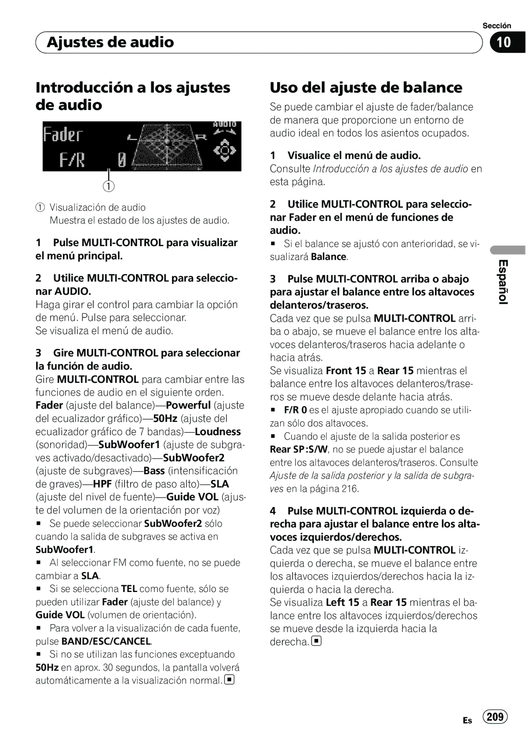 Pioneer DEH-P7100BT operation manual Ajustes de audio Introducción a los ajustes de audio, Uso del ajuste de balance 