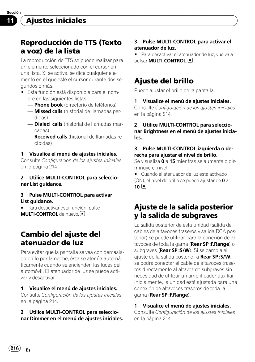 Pioneer DEH-P7100BT operation manual Voz de la lista, Cambio del ajuste del atenuador de luz, Ajuste del brillo, 216 Es 