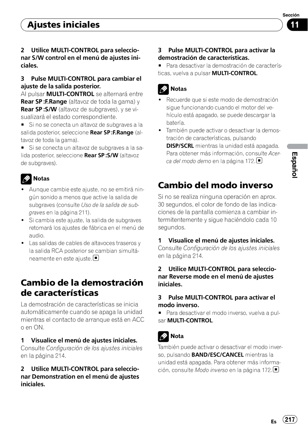 Pioneer DEH-P7100BT operation manual Cambio de la demostración de características, Cambio del modo inverso 