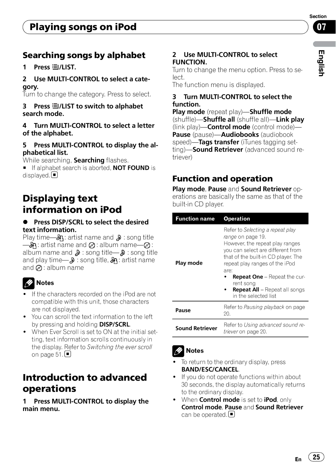 Pioneer DEH-P7100BT operation manual Displaying text information on iPod, Searching songs by alphabet 