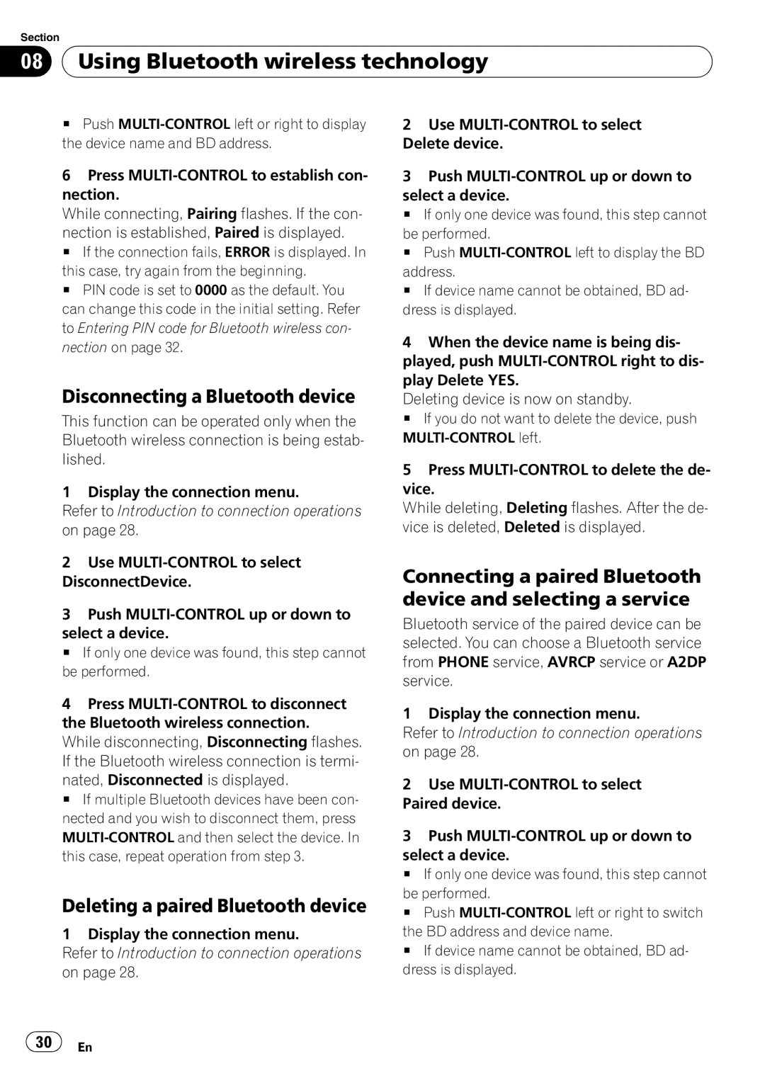 Pioneer DEH-P7100BT operation manual Disconnecting a Bluetooth device, Deleting a paired Bluetooth device 