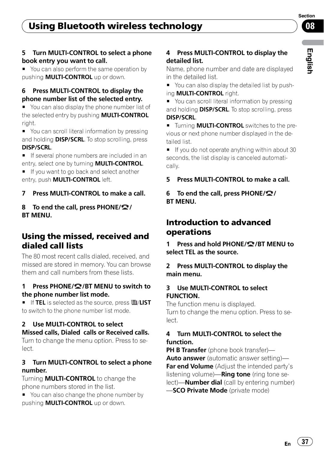 Pioneer DEH-P7100BT operation manual Using the missed, received and dialed call lists, Right 