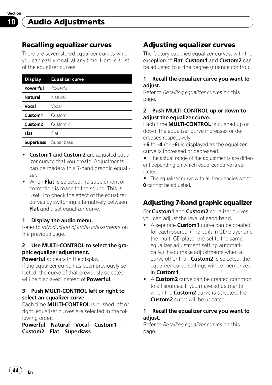 Pioneer DEH-P7100BT operation manual Audio Adjustments, Recalling equalizer curves Adjusting equalizer curves 