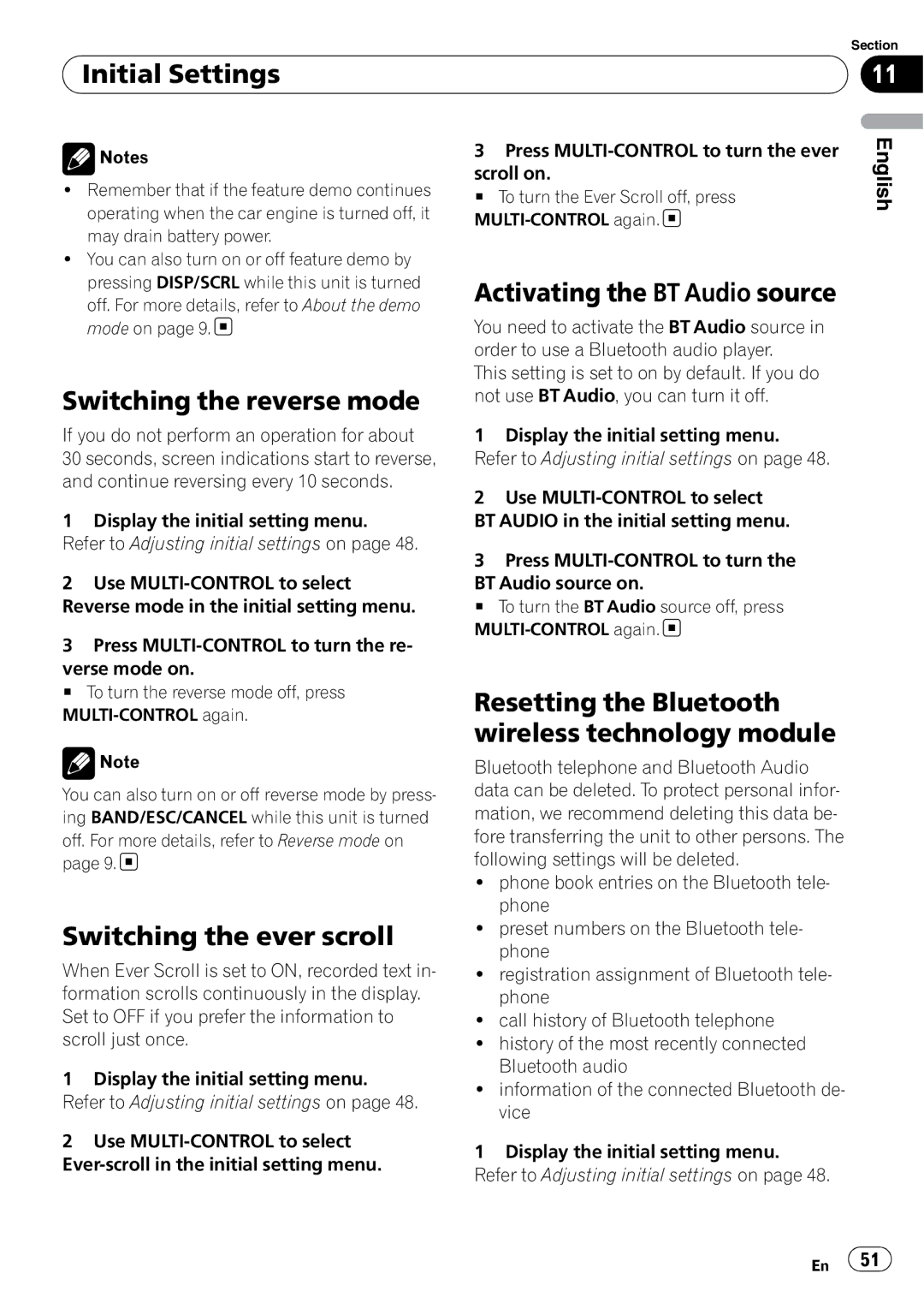 Pioneer DEH-P7100BT operation manual Initial Settings, Switching the reverse mode, Switching the ever scroll 