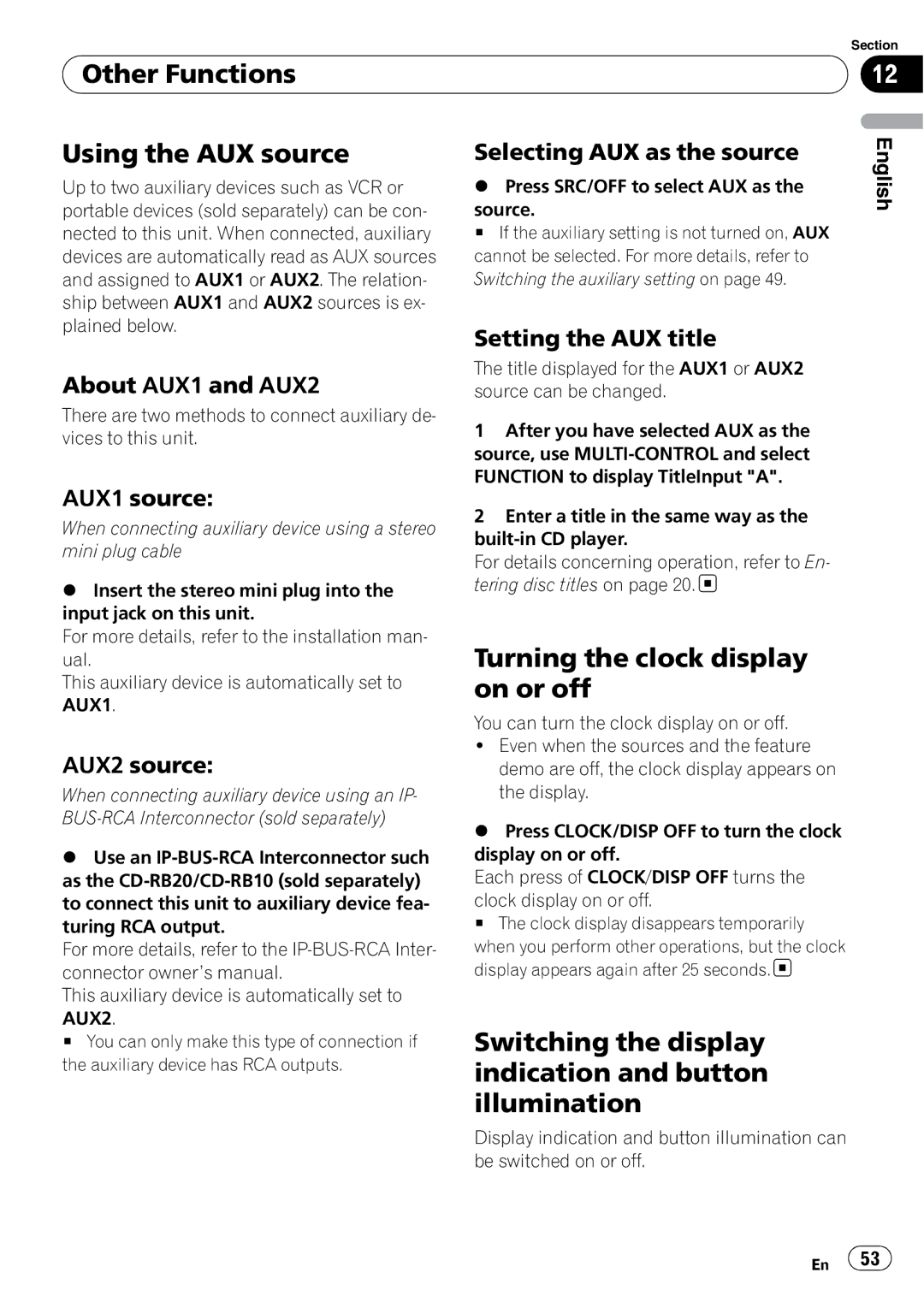 Pioneer DEH-P7100BT operation manual Other Functions Using the AUX source, Turning the clock display on or off 