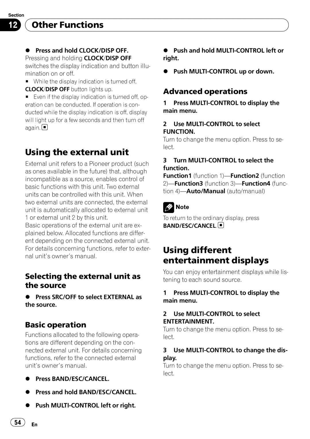 Pioneer DEH-P7100BT operation manual Other Functions, Using the external unit, Using different entertainment displays 