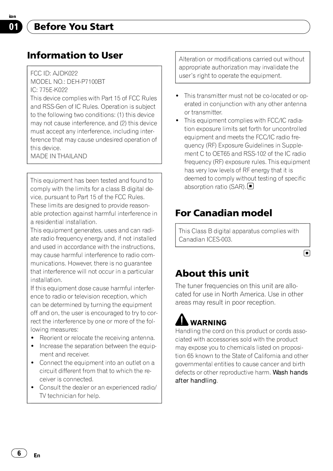 Pioneer DEH-P7100BT operation manual Before You Start Information to User, For Canadian model, About this unit 