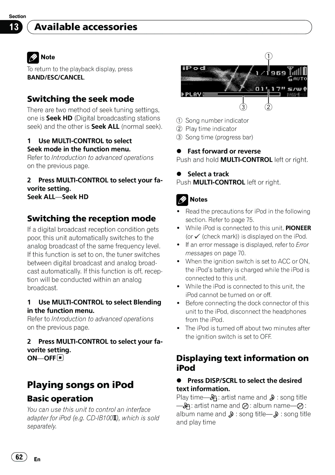 Pioneer DEH-P7100BT Switching the seek mode, Switching the reception mode, Displaying text information on iPod, On-Off 