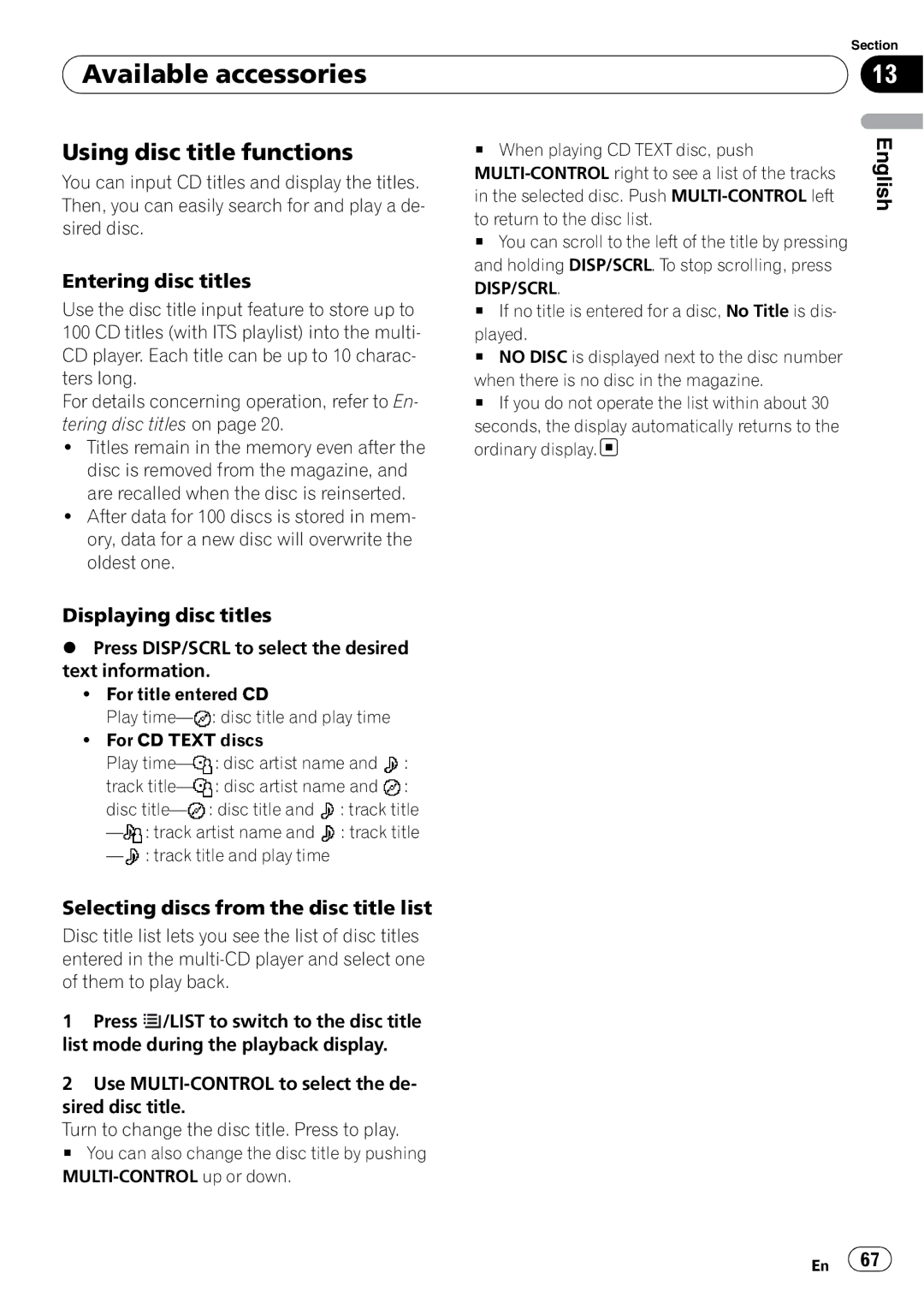 Pioneer DEH-P7100BT operation manual Using disc title functions, Entering disc titles, Displaying disc titles 