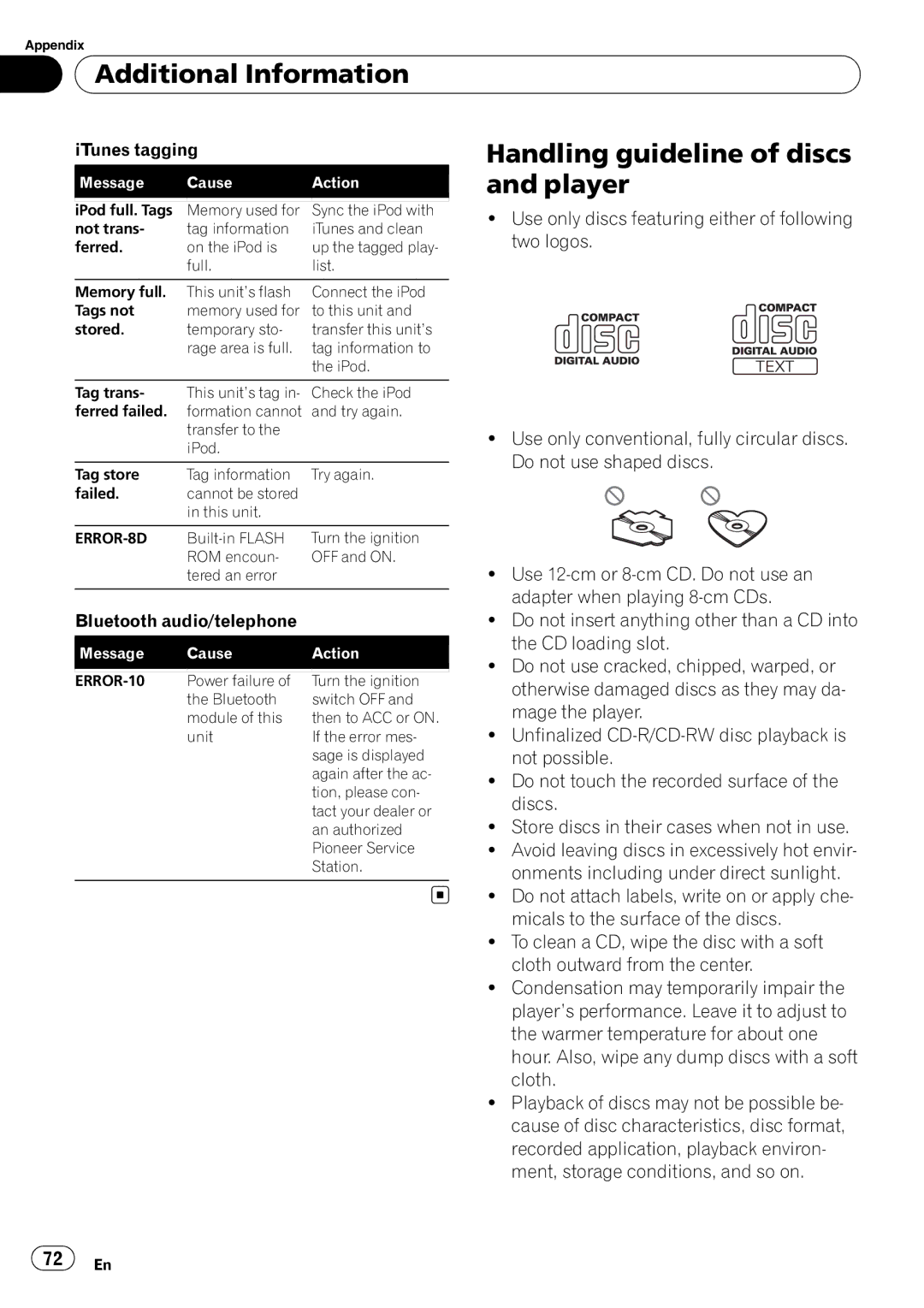 Pioneer DEH-P7100BT operation manual Handling guideline of discs and player, ITunes tagging 