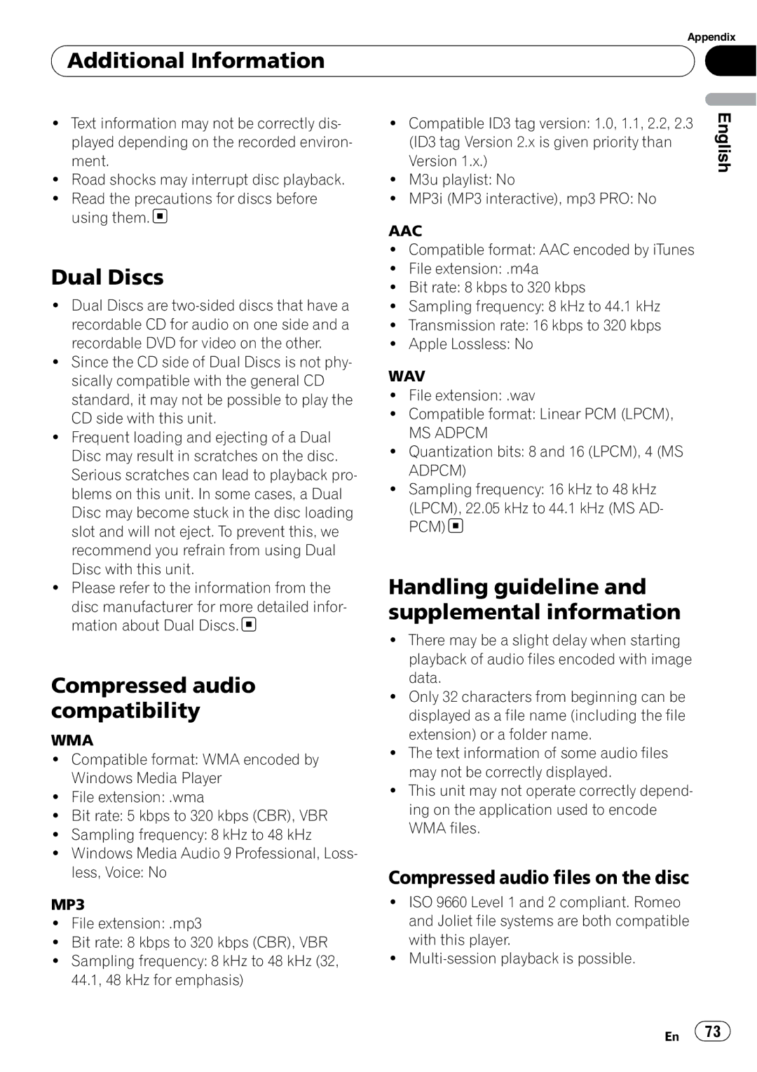 Pioneer DEH-P7100BT Dual Discs, Compressed audio compatibility, Handling guideline and supplemental information 