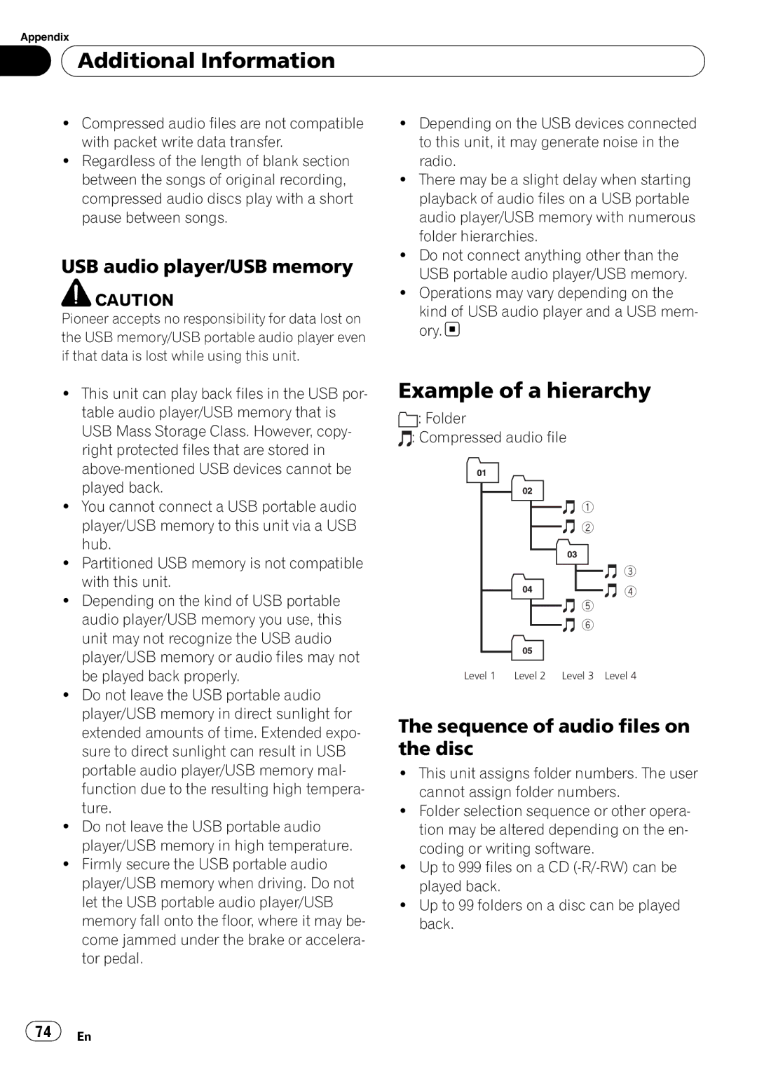 Pioneer DEH-P7100BT Example of a hierarchy, USB audio player/USB memory, Sequence of audio files on the disc 