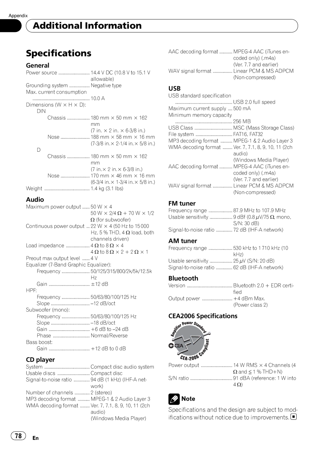 Pioneer DEH-P7100BT operation manual Additional Information Specifications, Usb 