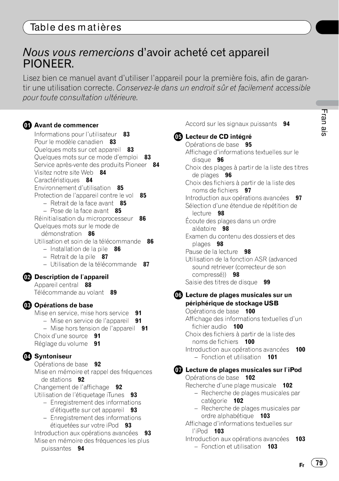 Pioneer DEH-P7100BT operation manual Table des matières, Réinitialisation du microprocesseur 