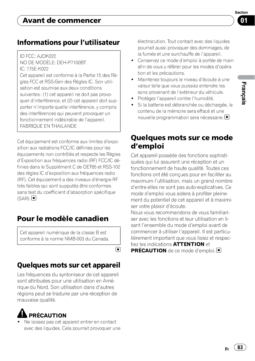 Pioneer DEH-P7100BT operation manual Avant de commencer Informations pour l’utilisateur, Pour le modèle canadien 