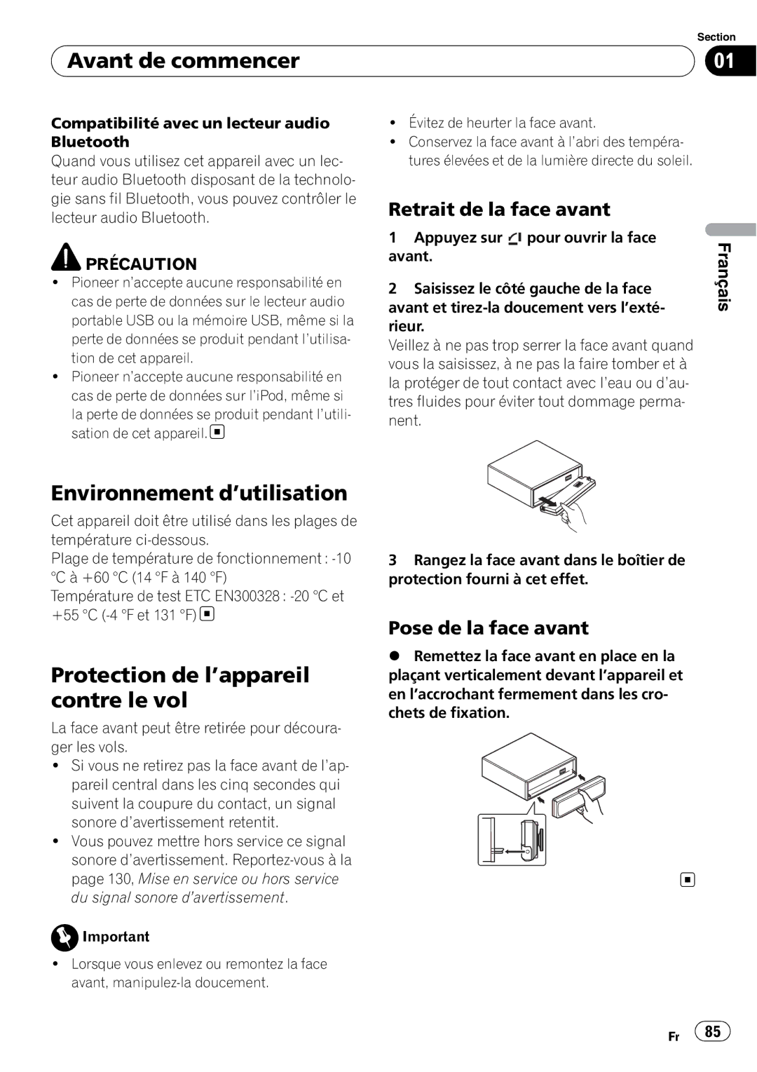 Pioneer DEH-P7100BT Avant de commencer, Environnement d’utilisation, Protection de l’appareil contre le vol 