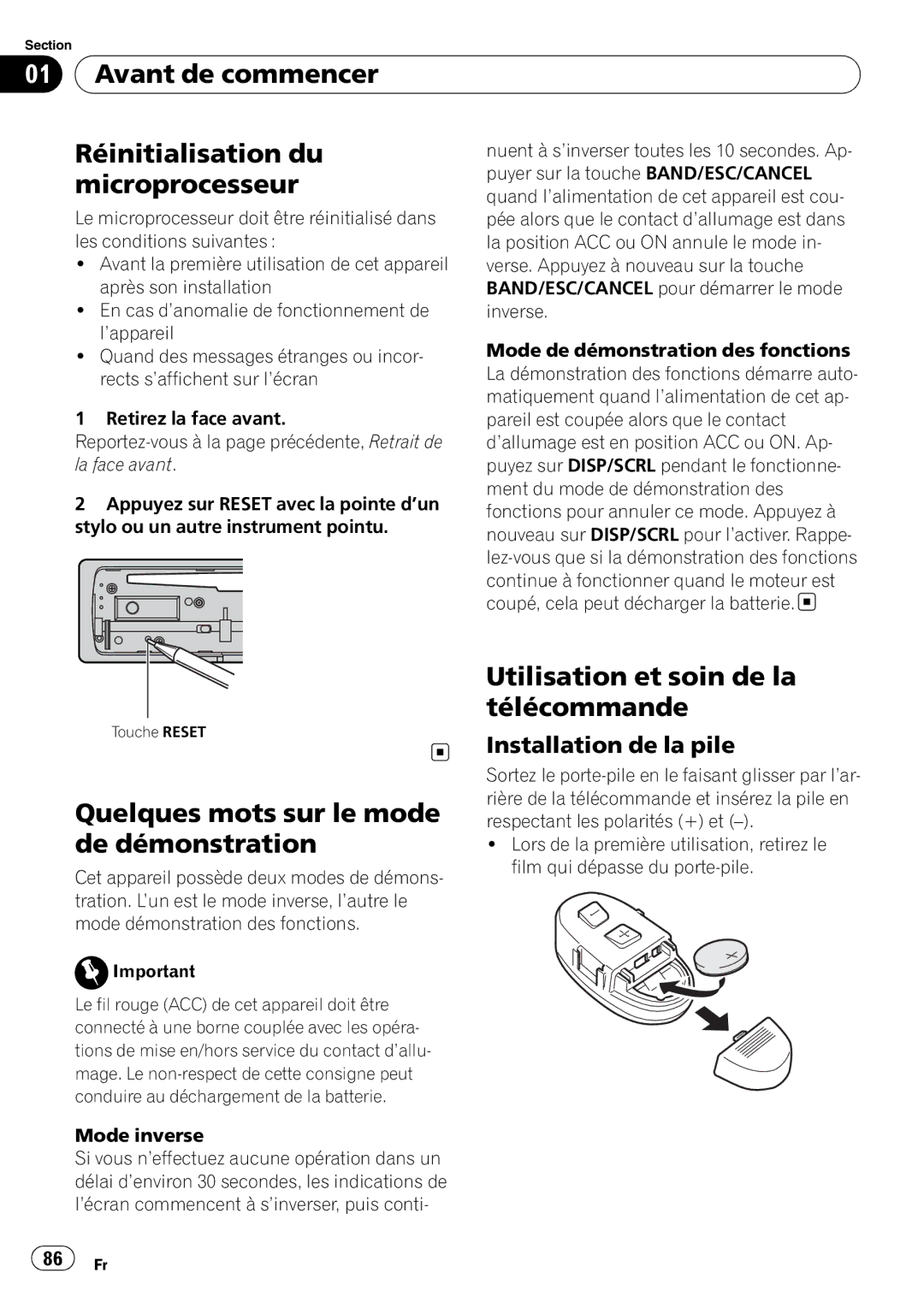 Pioneer DEH-P7100BT Avant de commencer Réinitialisation du, Microprocesseur, Utilisation et soin de la, Télécommande 