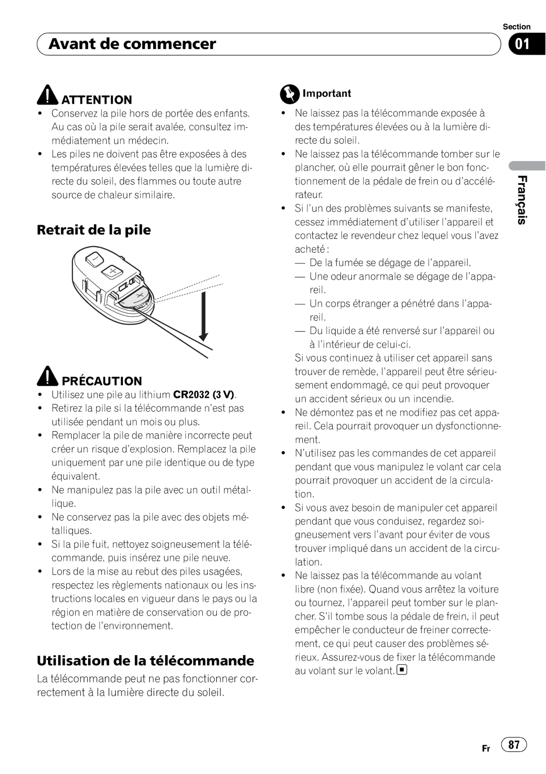 Pioneer DEH-P7100BT operation manual Retrait de la pile, Utilisation de la télécommande 