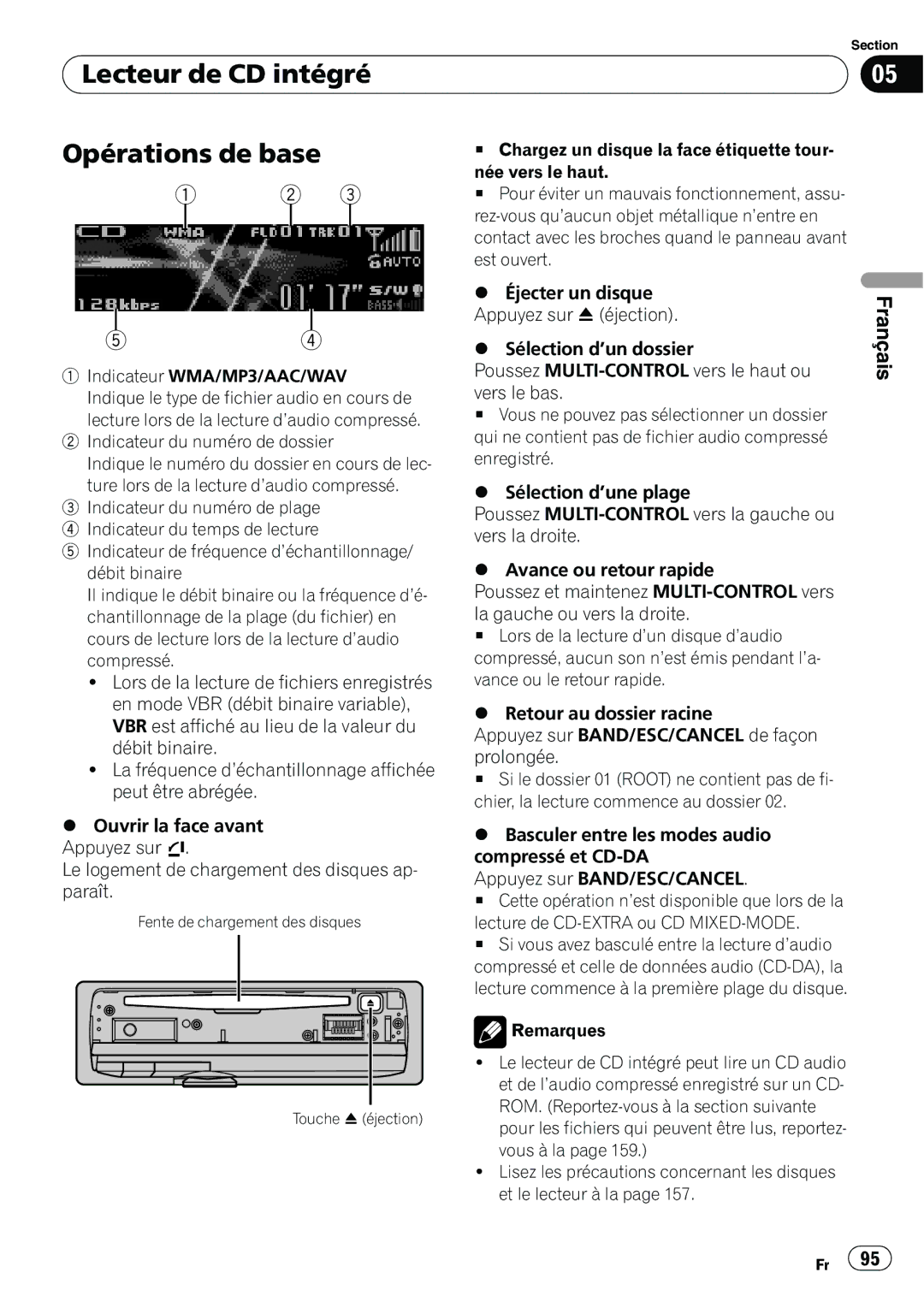 Pioneer DEH-P7100BT operation manual Lecteur de CD intégré Opérations de base, Remarques 