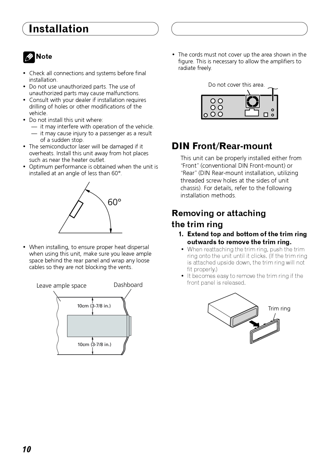 Pioneer DEH-P7100BT installation manual Installation, DIN Front/Rear-mount, Removing or attaching the trim ring 