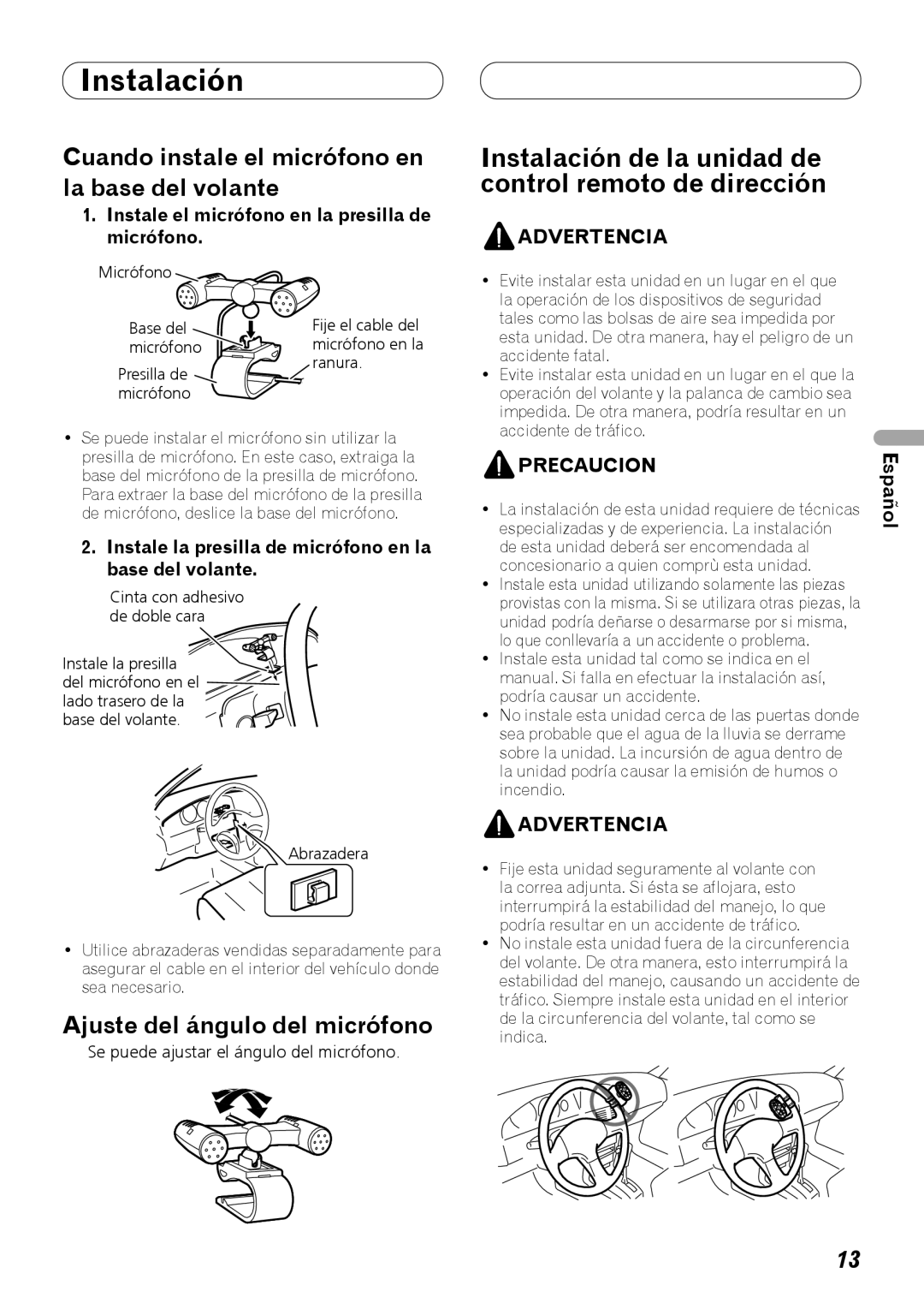 Pioneer DEH-P7100BT installation manual Ajuste del ángulo del micrófono, Advertencia, Precaucion, Instalación, Español 