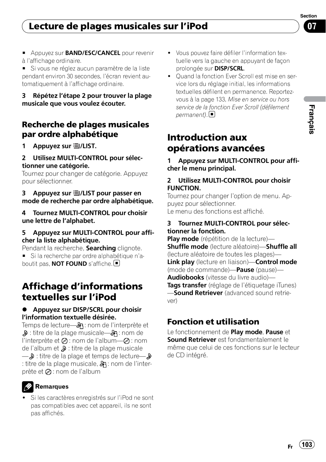 Pioneer DEH-P7100BT Lecture de plages musicales sur l’iPod, Affichage d’informations textuelles sur l’iPod, Français 