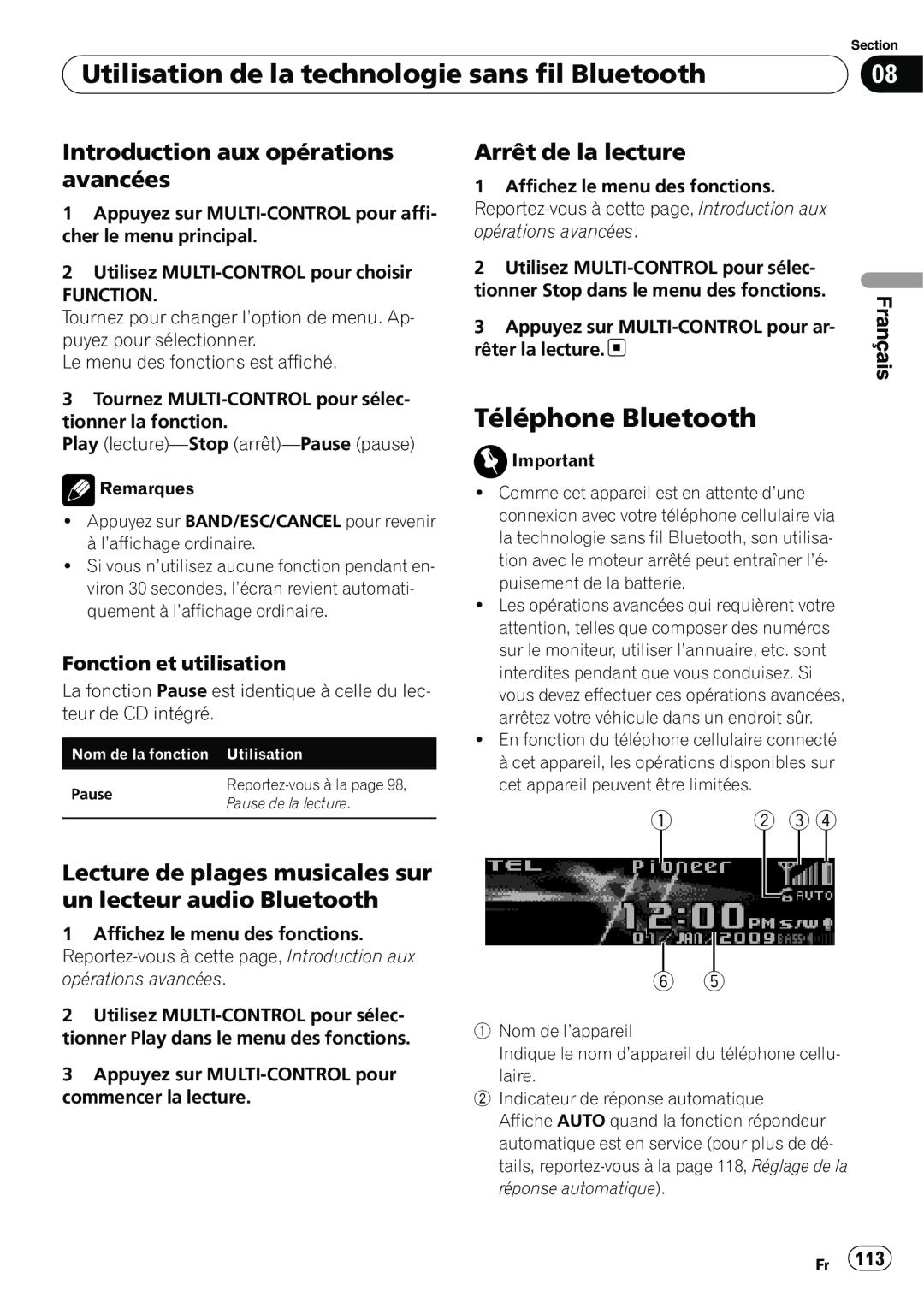 Pioneer DEH-P7100BT Téléphone Bluetooth, Introduction aux opérations avancées, Arrêt de la lecture, Français 