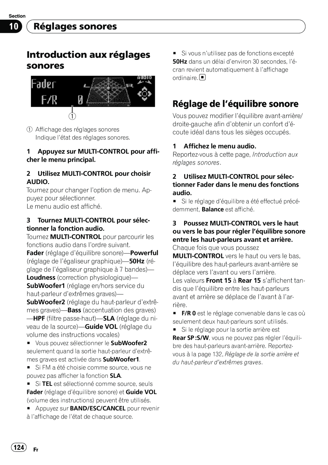 Pioneer DEH-P7100BT operation manual 10 Réglages sonores, Introduction aux réglages, Réglage de l’équilibre sonore, 124 Fr 