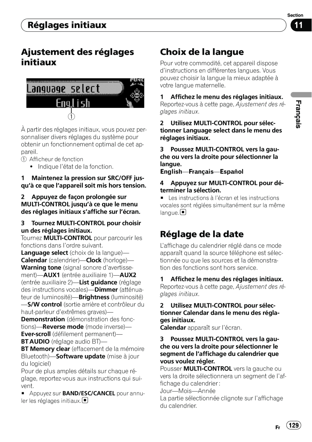 Pioneer DEH-P7100BT Réglages initiaux, Ajustement des réglages initiaux, Choix de la langue, Réglage de la date, Français 