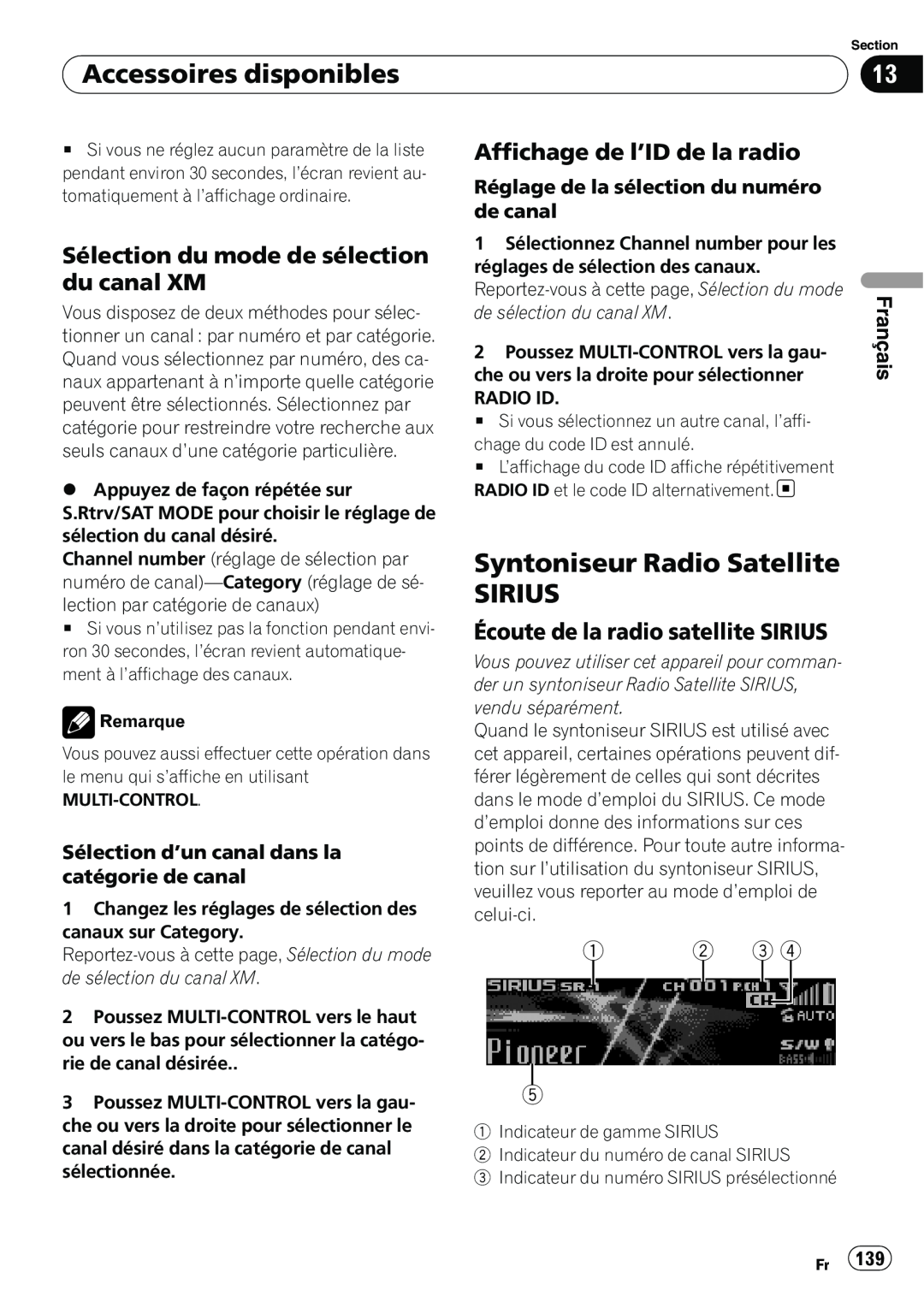 Pioneer DEH-P7100BT Syntoniseur Radio Satellite SIRIUS, Sélection du mode de sélection du canal XM, Français 