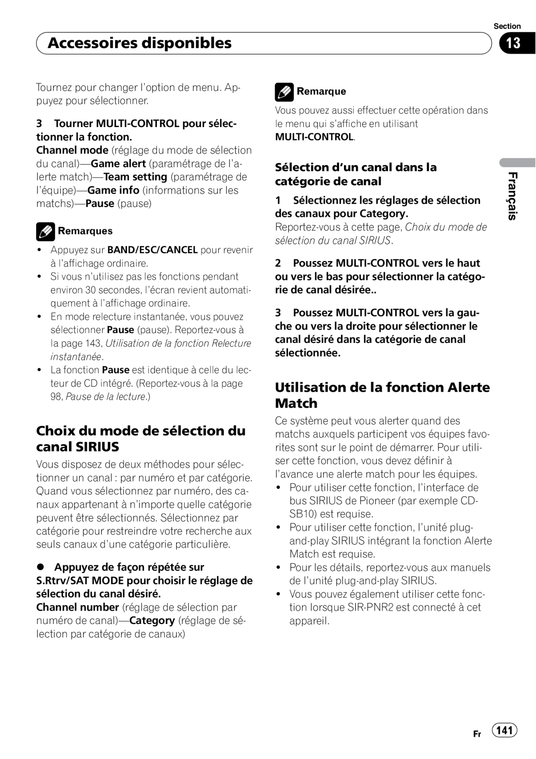 Pioneer DEH-P7100BT Choix du mode de sélection du canal SIRIUS, Utilisation de la fonction Alerte Match, Français 