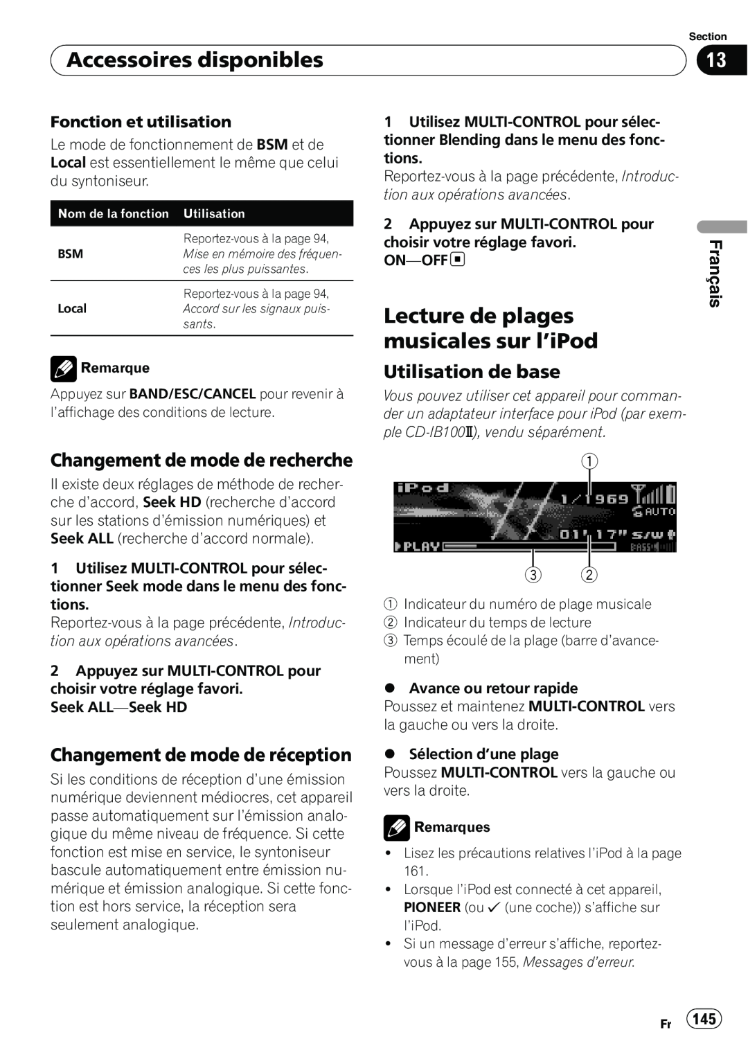 Pioneer DEH-P7100BT Changement de mode de recherche, Changement de mode de réception, Accessoires disponibles, Français 