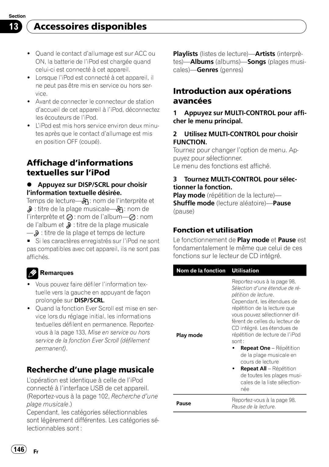 Pioneer DEH-P7100BT operation manual Affichage d’informations textuelles sur l’iPod, Recherche d’une plage musicale, 146 Fr 