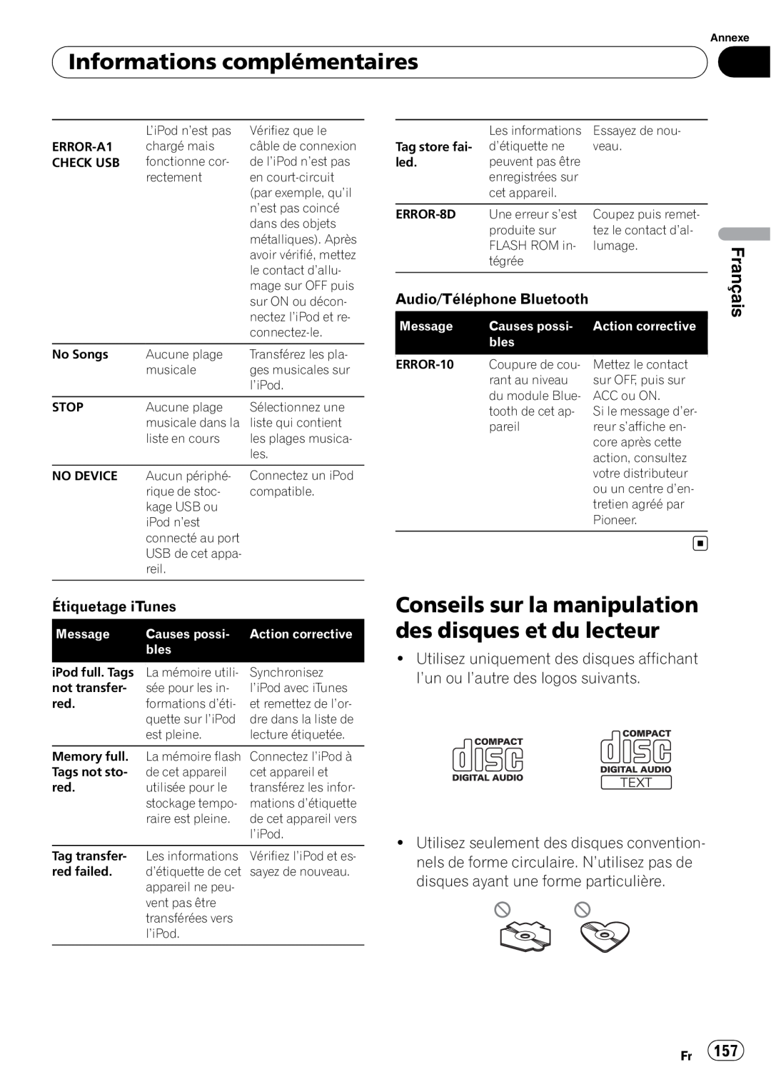 Pioneer DEH-P7100BT operation manual Informations complémentaires, Français, Audio/Téléphone Bluetooth, Étiquetage iTunes 