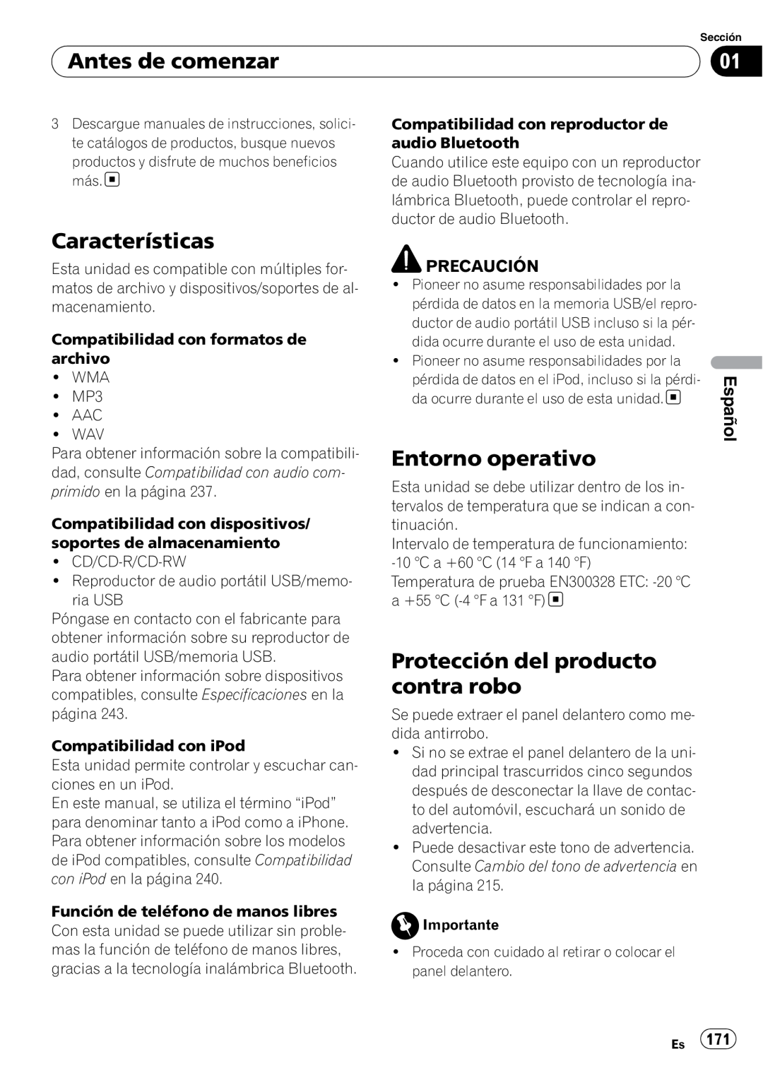 Pioneer DEH-P7100BT Características, Entorno operativo, Protección del producto contra robo, Antes de comenzar, Español 