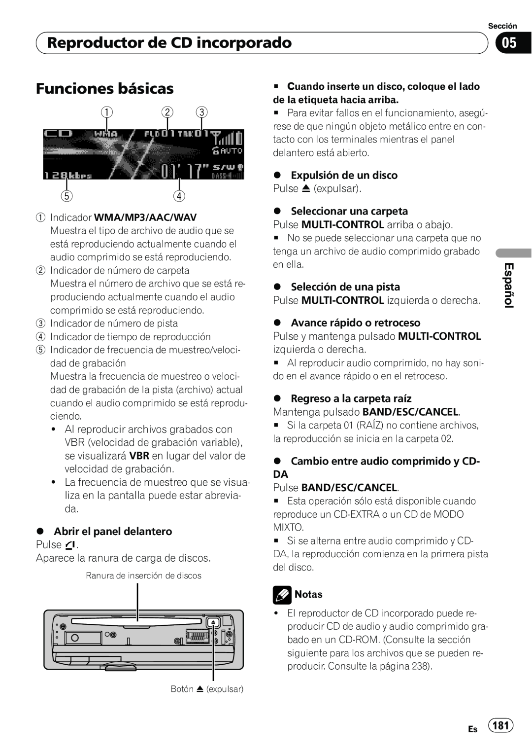 Pioneer DEH-P7100BT operation manual Reproductor de CD incorporado, Funciones básicas, 1 2 54, Español 