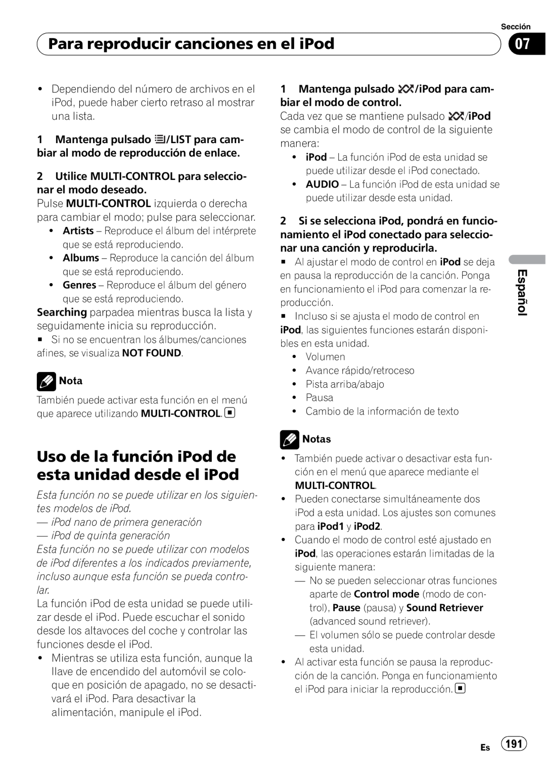 Pioneer DEH-P7100BT operation manual Para reproducir canciones en el iPod, Español 