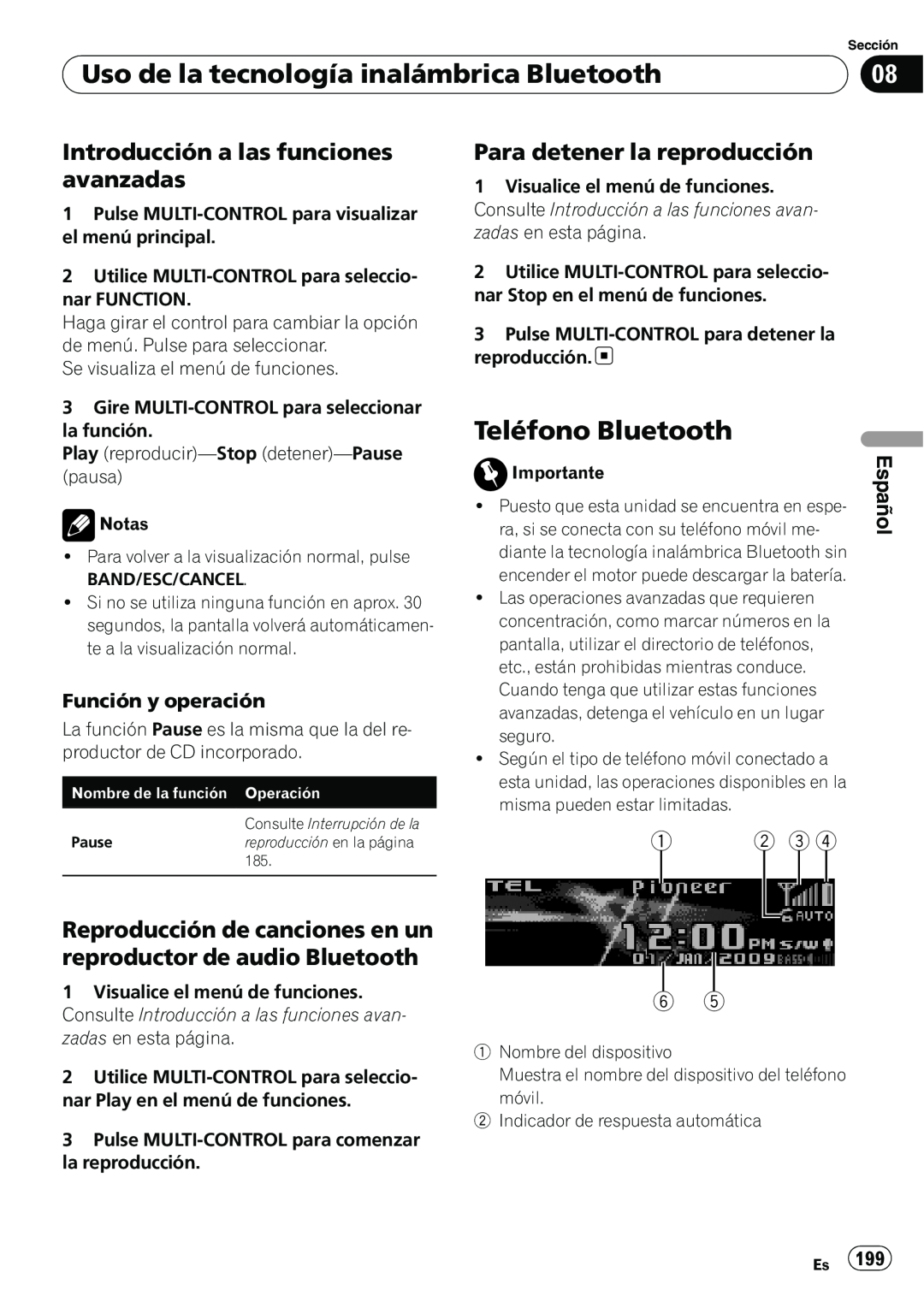 Pioneer DEH-P7100BT Teléfono Bluetooth, Introducción a las funciones avanzadas, Para detener la reproducción, Español 